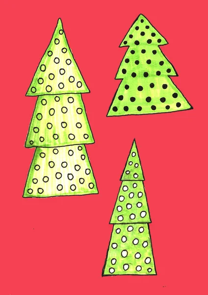 Acuarela decorado conjunto de árboles de Navidad. Plantas perennes dibujadas a mano, bolas. Fondo de abeto para el diseño, tarjetas, ilustración de niños — Foto de Stock