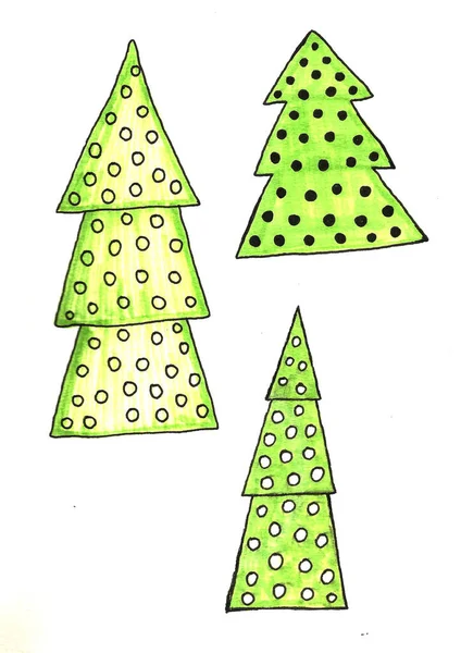 Ensemble d'arbre de Noël décoré à l'aquarelle. Plantes persistantes dessinées à la main, boules. Epicéa toile de fond pour le design, cartes, illustration enfants — Photo