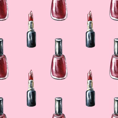 Moda kozmetik ürünleri suluboya seti. Beyaz arka planda elle çizilmiş elementler. Losyon, tonik, krem, ruj