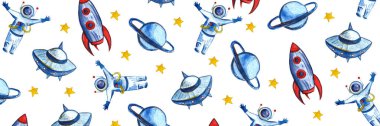 Çocuklar için kalemle çizilmiş suluboya alan arkaplanı. Çizgi film Roketleri, Gezegenler, Yıldızlar, Astronot, Kuyruklu yıldızlar ve Ufos.