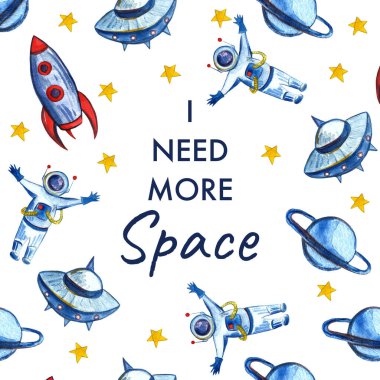 Çocuklar için kalemle çizilmiş suluboya alan arkaplanı. Çizgi film Roketleri, Gezegenler, Yıldızlar, Astronot, Kuyruklu yıldızlar ve Ufos.