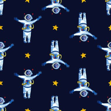 Çocuklar için kalemle çizilmiş suluboya alan arkaplanı. Çizgi film Roketleri, Gezegenler, Yıldızlar, Astronot, Kuyruklu yıldızlar ve Ufos.
