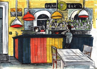 Bira barı iç çizim el çizimi çizimi. Boş modern bar çizimi. Bar tezgahı, tabure. Şişedeki alkollü içecekler. Bardakta bira.