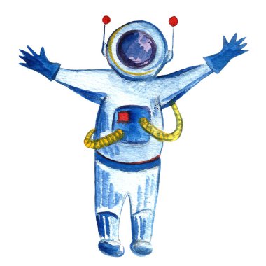 Çocuklar için kalemle çizilmiş suluboya alan arkaplanı. Çizgi film Roketleri, Gezegenler, Yıldızlar, Astronot, Kuyruklu yıldızlar ve Ufos.