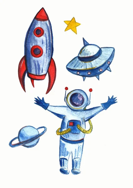 Dibujado a mano con lápiz acuarela Espacio Fondo para niños. Cohetes de dibujos animados, planetas, estrellas, astronautas, cometas y ovnis . — Foto de Stock
