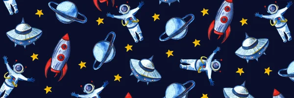 Hand ritad med penna akvarell Space Bakgrund för barn. Tecknade raketer, planeter, stjärnor, astronauter, kometer och UFOn. — Stockfoto