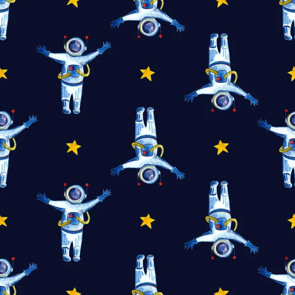 Çocuklar için kalemle çizilmiş suluboya alan arkaplanı. Çizgi film Roketleri, Gezegenler, Yıldızlar, Astronot, Kuyruklu yıldızlar ve Ufos.