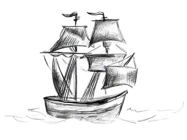 Абстрактний фон човна в пляшці. Стиль живопису ескізів олівців. Чорно-білий. Корабель у морі — стокове фото