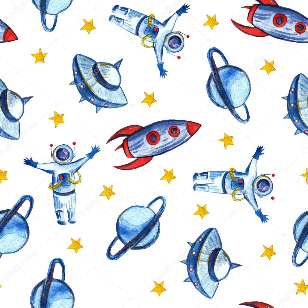 Hand drawn with pencil watercolor Space Background for Kids. Cartoon Rockets, Planets, Stars, Astronaut, Comets and UFOs.