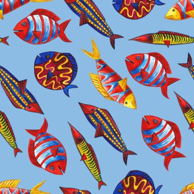 Set of marine Tropical fish illustration. Watercolor hand drawn background. Sea ocean life clipart