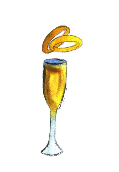 Пляшка шампанського та скло, малюнок аквареллю та чорнилом, намальована вручну ілюстрація — стокове фото