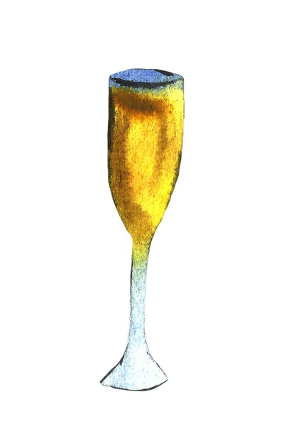 Láhev šampaňského a sklo, kresba akvarelem a inkoustem, ručně kreslená ilustrace — Stock fotografie