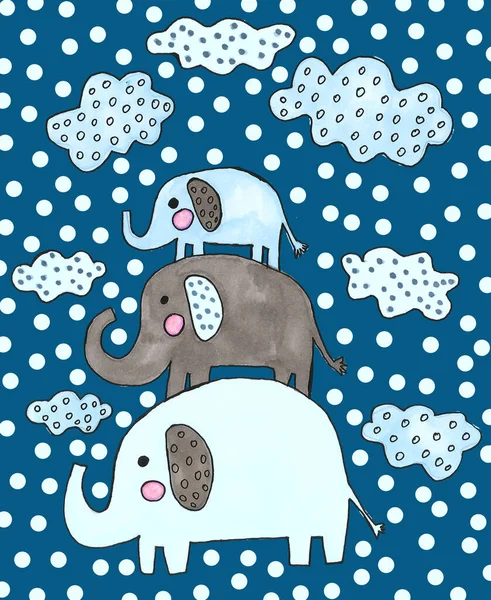 Рука намальована акварель милі слони і хмари набір. мультяшні діти ілюстрація — стокове фото