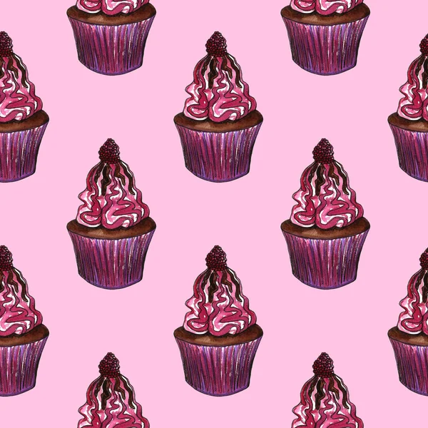 Aquarell-Cupcakes, Muffins mit verschiedenen Arten von Kuchen: Erdbeere, Blaubeere, Schokolade. Zitrusfrüchte, Himbeeren. Vereinzelt. einfach zu bedienen für unterschiedliche Gestaltung von Menüs, Werbung, Cafés usw. — Stockfoto