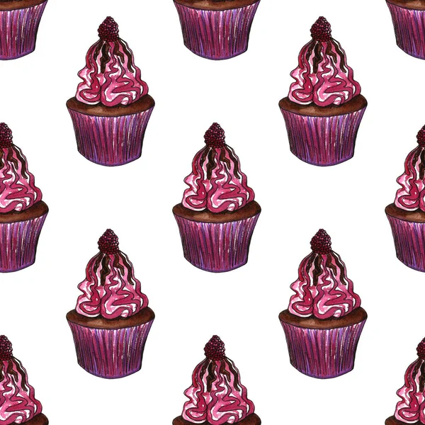 Cupcakes aquarela, muffins conjunto com diferentes tipos de bolos: morango, mirtilo, chocolate. citrinos, framboesa. Isolado. Fácil de usar para design diferente de menu, propaganda, café etc — Fotografia de Stock