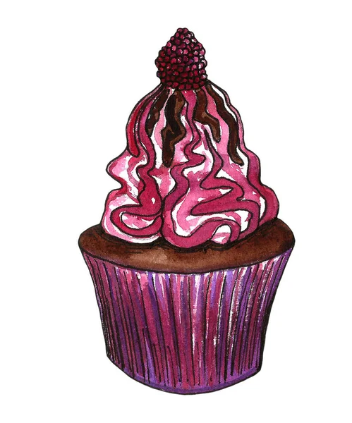Aquarell-Cupcakes, Muffins mit verschiedenen Arten von Kuchen: Erdbeere, Blaubeere, Schokolade. Zitrusfrüchte, Himbeeren. Vereinzelt. einfach zu bedienen für unterschiedliche Gestaltung von Menüs, Werbung, Cafés usw. — Stockfoto
