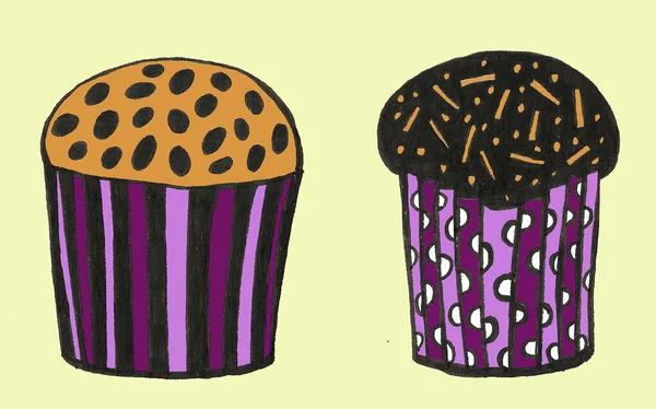 Suluboya kekler, farklı kek çeşitleri olan kekler: çilek, yabanmersini, çikolata. Turunçgil, ahududu. İzole edilmiş. Farklı menü, reklam ve kafe tasarımları için kullanması kolay — Stok fotoğraf