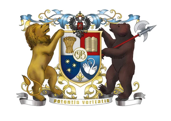 Heraldik semboller dizildi. Aslan ve ayı eski peri masalı. Kralların kraliyet özellikleri. Antika kraliyet seti — Stok fotoğraf