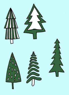 El çizimi Noel ağacı ve atribute seti. Tatil dekorasyonu yalıtılmış elementler. Albüm Albümü için kullan, Tebrikler, Davetiyeler.