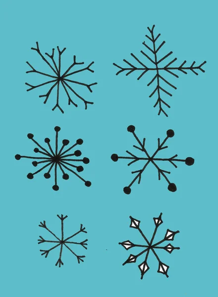 Set di icone piatte fiocco di neve. Illustrazioni di design stile disegnato a mano. Inverno, vacanze, freddo — Foto Stock