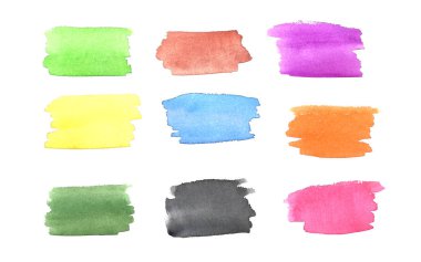 Soyut suluboya akvaryum eli lekeli sarı turuncu mavi mavi mor boya lekesi.