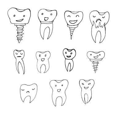 Güzel, mutlu çizgi film dişleri fırça ve su setiyle temizleniyor. El çizimi sanat karikatürü vektör çizimi.