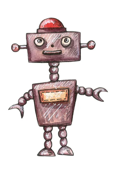 Watercolor hand drawn cute robots set. Cartoon nice illustration