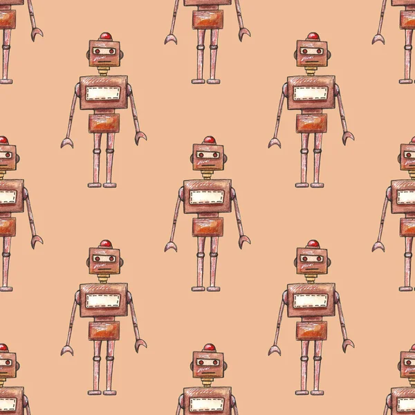 Acuarela mano dibujado robots lindos conjunto patrón sin costura. Dibujos animados buena ilustración — Foto de Stock