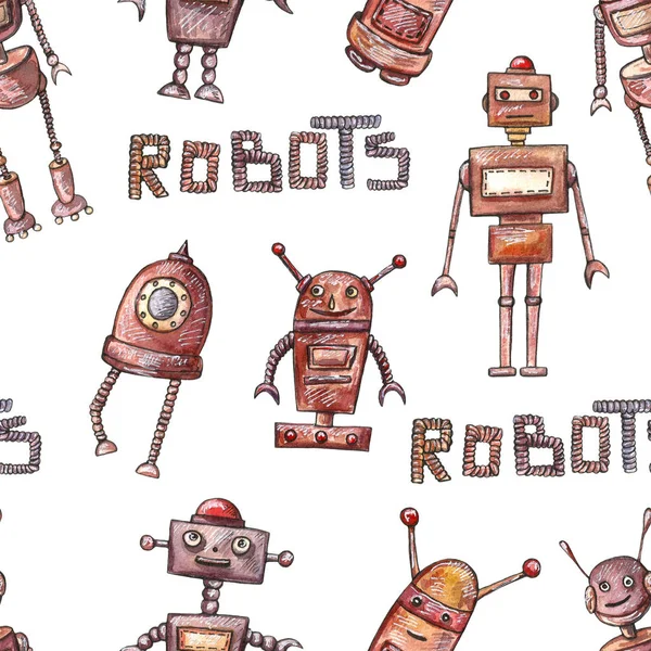 Aquarel met de hand getekend schattige robots ingesteld naadloos patroon. Cartoon mooie illustratie — Stockfoto