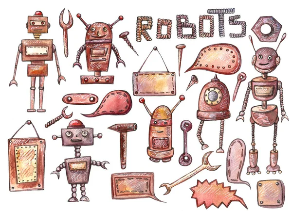 Akvarell kézzel rajzolt aranyos robotok készlet. Rajzfilm szép illusztráció — Stock Fotó