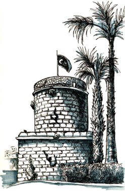 Kentsel suluboya eskiz, eski kırmızı tuğla şehir binaları, renkli el çizimi bina çizimi. seyahat mimarisi çizimi