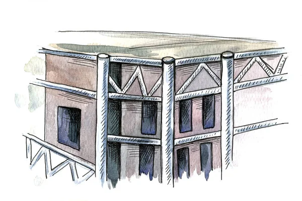 都市の水彩画、古い赤レンガの都市の建物、建物の色の手描きのイラスト。旅行建築のスケッチ — ストック写真