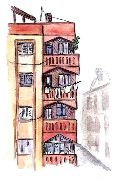 Miejski szkic akwarelowy, stare budynki miasta z czerwonej cegły, kolorowy rysunek ilustracji budynku. szkic architektury podróży — Zdjęcie stockowe