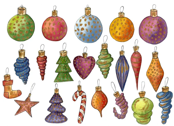 Ampoules de Noël fait main aquarelle illustration. décoration de boule de Noël. fond décoratif pour en-tête ou carte de vœux, décorations en boule — Photo