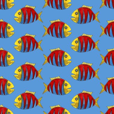 Komik nesneler ve deniz karikatürü balıklarıyla sevimli modern alfabe. Mektuplar. Okumayı öğren. İzole edilmiş. Suluboya resimleme, fırça harfleri