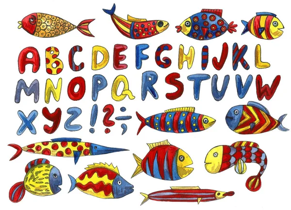 Cute nowoczesny alfabet z zabawnych przedmiotów i ryb z kreskówek morskich. Listy. Naucz się czytać. Odizolowany. Ilustracja akwarela, liternictwo pędzla — Zdjęcie stockowe