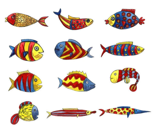 Alfabet modern drăguț cu obiecte amuzante și pește de desene animate de mare. Scrisori. Învaţă să citeşti. Izolat. Ilustrație acuarelă, litere pensulă — Fotografie, imagine de stoc