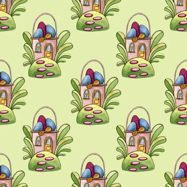 Акварель счастливый пасхальный набор с тортом, цветами, перьями и яйцами. Весенний праздник украшения. Ручной рисунок апрельского дизайна . — стоковое фото