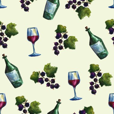 Kokain, konyak, bira, şampanya, şarap şişesi ve cam, suluboya ve mürekkeple çizim, el yapımı illüstrasyon