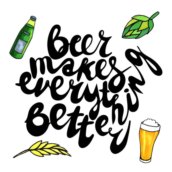 Акварельная иллюстрация с плакатом о пиве в винтажном стиле. Каллиграфический баннер и отпечаток футболки. Ручной рисунок плаката для дизайна меню паба или бара
.