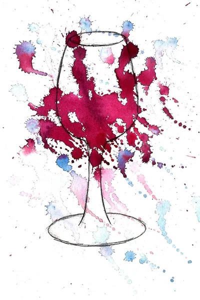 Cóctel, coñac, cerveza, champán, botella de vino y vidrio, dibujo por acuarela y tinta, ilustración dibujada a mano — Foto de Stock