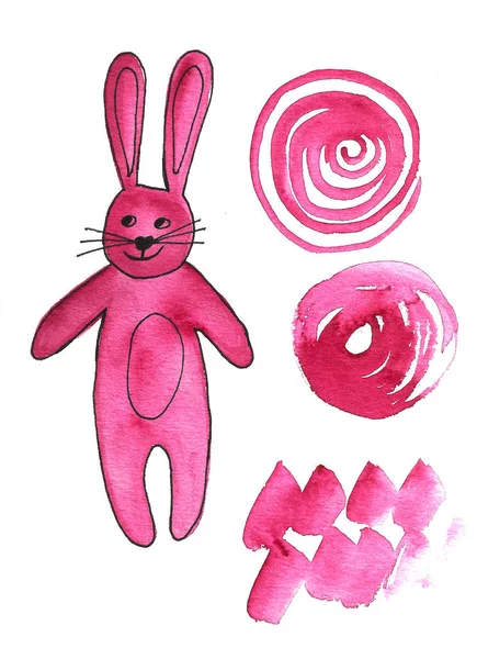Симпатичный ярко-розовый кролик и пятна. Забавный мультяшный акварель с сердцем — стоковое фото