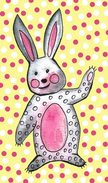 Cute jasnoróżowy króliczek i plamy. Zabawna kreskówka akwarela królik z sercem — Zdjęcie stockowe