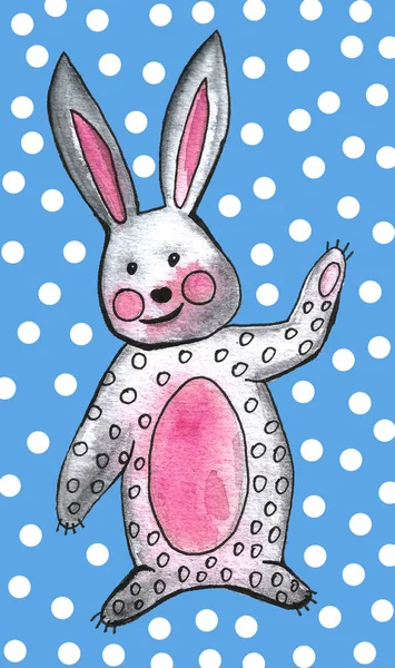 Cute bright pink bunny and spots. Funny cartoon watercolor rabbit with heart — Stock Photo, Image