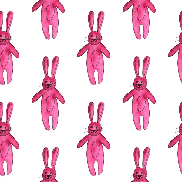 Lindo conejito rosa brillante patrón sin costura. Divertidos dibujos animados acuarela conejo con corazón — Foto de Stock