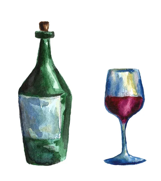 Cóctel, coñac, cerveza, champán, botella de vino y vidrio, dibujo por acuarela y tinta, ilustración dibujada a mano —  Fotos de Stock