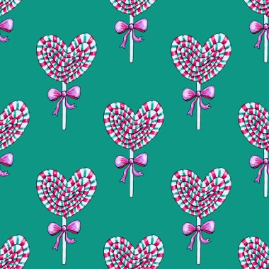 Suluboya Kalp Şekilli Lolipop Şekeri. Sevgililer Günü klipsli sanat öğesi. El çizimi illüstrasyon.