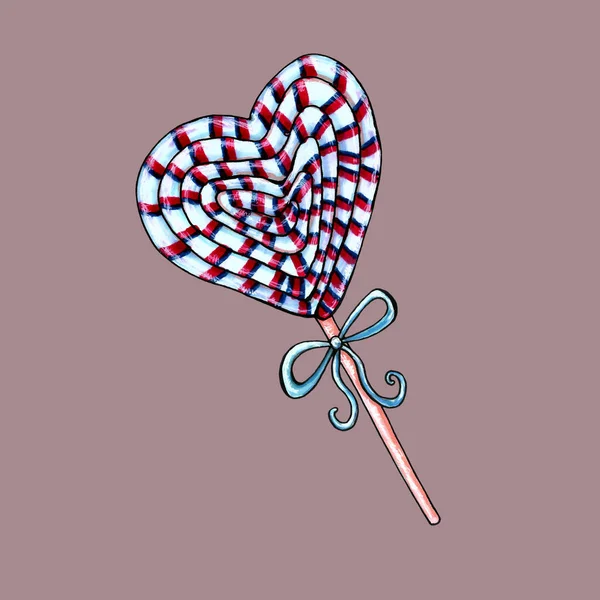 Akvarell szív alakú nyalóka cukorka. Valentin-napi klipsz művészeti elem. Kézzel rajzolt illusztráció. — Stock Fotó