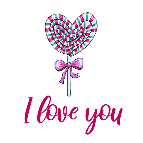 Akvarel Srdce tvarované lízátko Candy. Valentines Day clip art element. Ručně kreslená ilustrace. — Stock fotografie