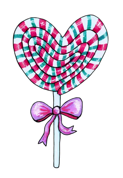 Watercolor Heart Shaped Lollipop Candy. Valentines Day clip art element. Hand drawn illustration. — Stock Photo, Image